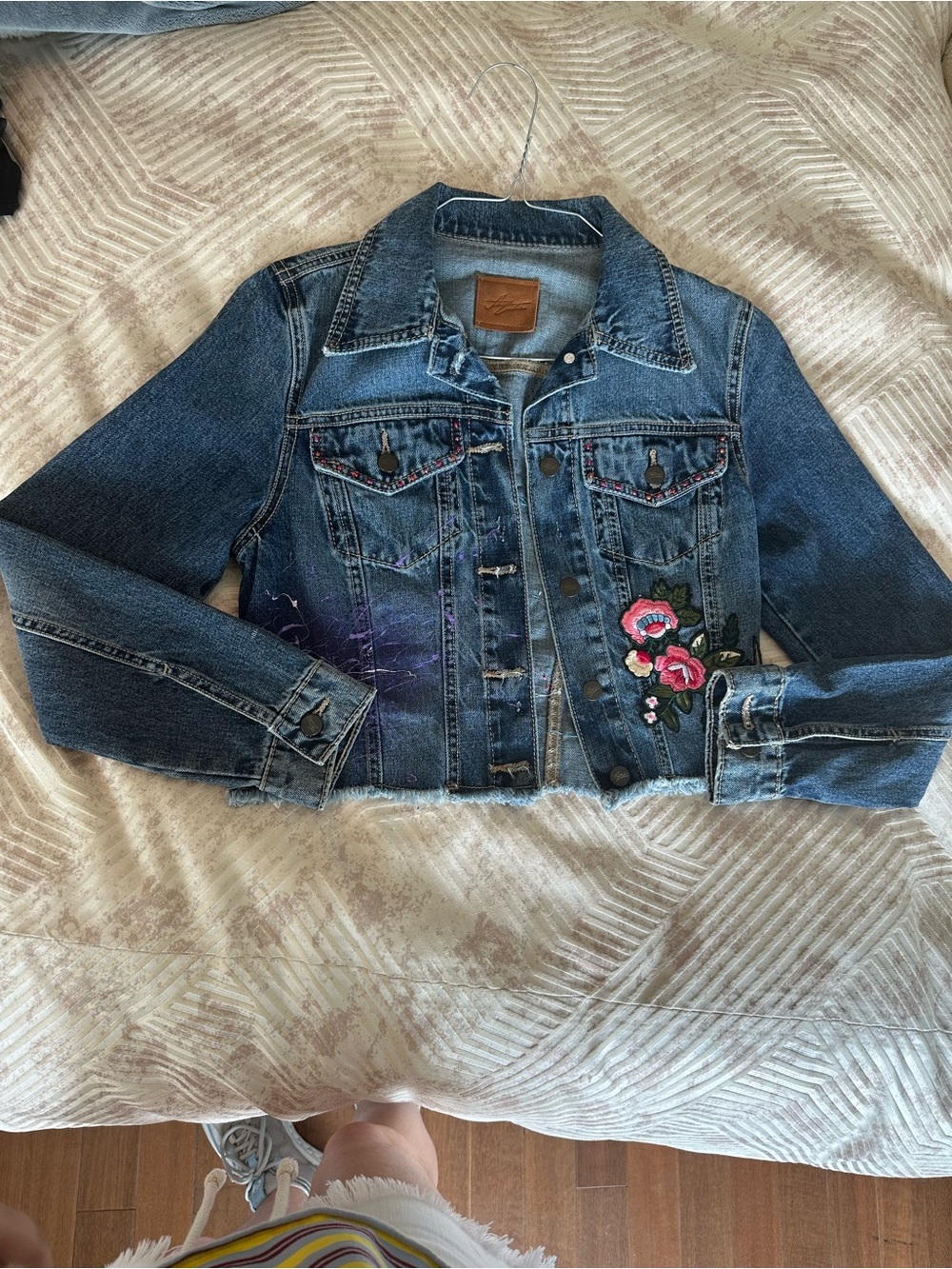 Embroidered Blue Denim Jacket with Floral Patch